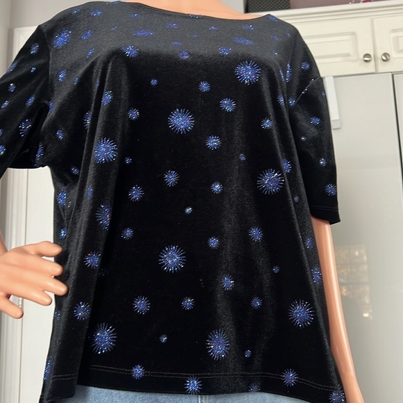 Notations Black Velour Glitter Vintage Y2K Starburst Short Sleeve Blouse Size XL - Picture 7 of 14